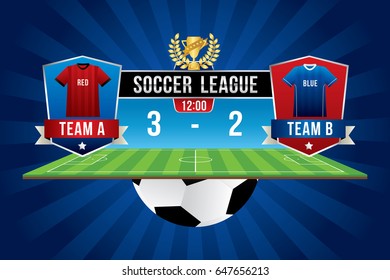 Vector of soccer league with team competition and scoreboard on green field background.