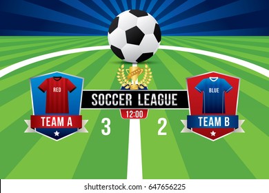 Vector of soccer league with team competition and scoreboard on green field background.