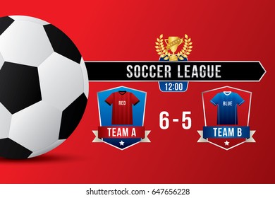 Vector of soccer league with team competition and scoreboard.
