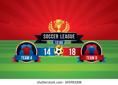 Vector of soccer league with team competition and scoreboard on green field background.