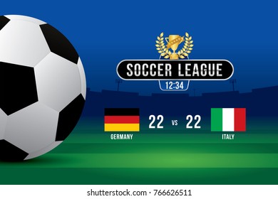 Vector of soccer league with team competition and scoreboard on field background.
