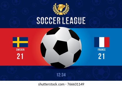 Vector of soccer league with team competition and scoreboard on field background.