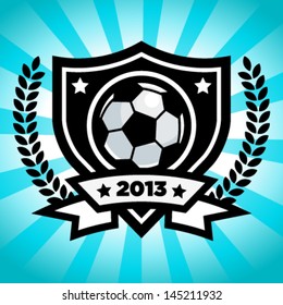 Vector soccer logo emblem on blue bursting background.