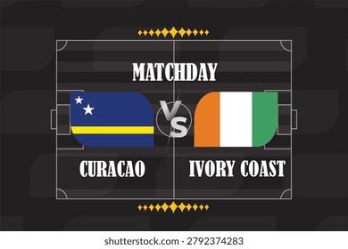 Vector soccer match day poster design featuring Curaçao vs Ivory Coast with national flags and creative sports background.