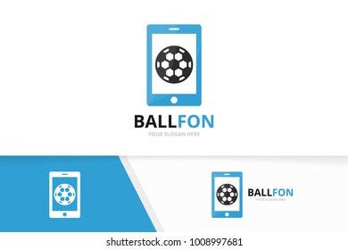 Vector soccer and phone logo combination. Ball and mobile symbol or icon. Unique football and device logotype design template.