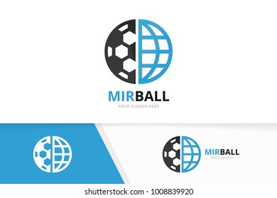 Vector soccer and planet logo combination. Ball and world symbol or icon. Unique football and globe logotype design template.