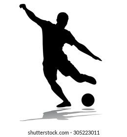 vector soccer player silhouette. player shooting.white background