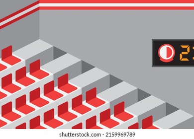 Fondo de la tribuna de fútbol vectorial con asientos rojos, tres rayas, marcador con número naranja y logo. Ilustración de fútbol.