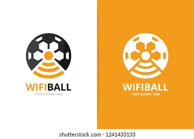 Vector soccer and wifi logo combination. Ball and signal symbol or icon. Unique football and radio, internet logotype design template.