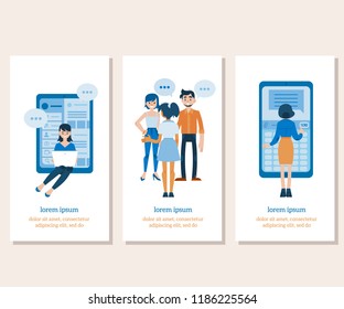 Vector social communication banners set with young women and man in casual clothing talking to each other gesticulating with empty speech bubble, girl typing at laptop, standing near smartphone