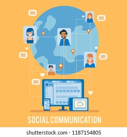 Vector social communication concept banner set with young women and man avatars all over the world in connected in social network in laptop, smartphone devices. User avatars on earth icon