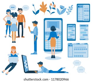 Vector social communication concept set with young women, men standing, lying and sitting taping, chatting, sending messages at laptop, tablet smartphone and communicating. Flat illustration