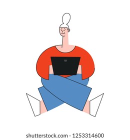 Vector social communication concept with stylized young girl, woman in sitting with legs crossed behind laptop device taping, chatting, sending messages. Vector illustration