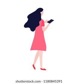 Vector social communication concept with young girl in pink dress, woman standing taping, chatting, sending messages at her smartphone. Flat illustration