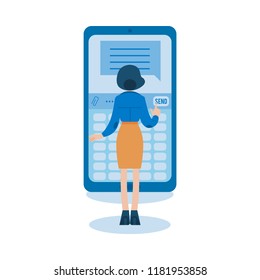 Vector social communication concept with young girl in corporate suit, woman standing taping, chatting, sending messages at big smartphone. Flat illustration