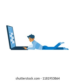 Vector social communication concept with young man male character lying at floor behind huge laptop taping, chatting, sending messages. Flat illustration
