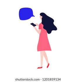 Vector social communication concept with young girl in pink dress, woman standing taping, chatting, sending messages at her smartphone with empty speech bubble above head. Flat illustration