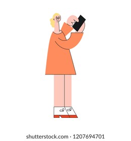 Vector social communication concept with young stylized girl in orange dress, woman standing taping, chatting, sending messages at her smartphone. Flat illustration