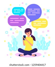 Vector social communication concept with young girl or woman sitting, taping, chatting, sending messages from her smartphone with few speech bubbles above head. Flat illustration, cartoon style