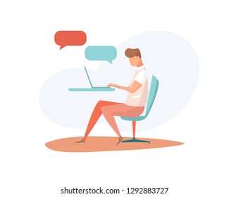 Vector social communication concept, young guy chatting, sending messages with a blank speech bubble. Vector illustration