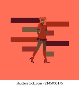 Concepto de comunicación social vectorial con una joven vestida de rosa, una mujer parada tapando, charlando, enviando mensajes a su smartphone con burbujas de voz vacías sobre la cabeza. Ilustración plana