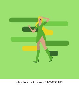 Vector social communication concept with young girl in pink dress, woman standing taping, chatting, sending messages at her smartphone with empty speech bubble above head. Flat illustration