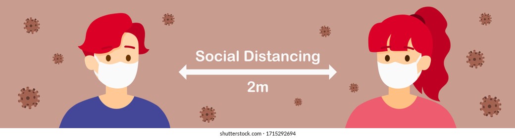 Vector social distancing between smart man and pretty woman are wearing a medical mask to protect themself from COVID-19, illustration