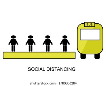 Vector de distanciamiento social entre la espera para subir y bajar del autobús. Nueva normalidad para prevenir la epidemia. Ilustración plana vectorial.