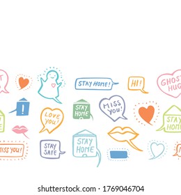 Vector social distancing comic style doodle border, greeting card, hand lettering, cartoon style. Cute doodle line art style. Hand written modern brush lettering white background isolated vector