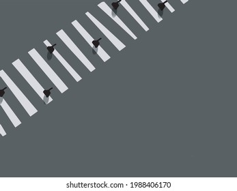 Vector with social distancing concept. Aerial image of urban street with pedestrian crossing. Gray background with space for caption.