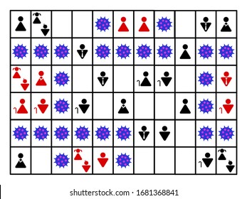 Vector of social distancing people lifestyle while Covid-19 outbreak spreading in minesweeper art style for Corona virus and bacteria contact concept