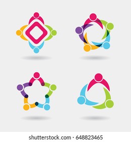 Vector Social Logo Icons Of People Together - Sign Of Unity, Teamwork. Also Represents Community, Partnership & Team, Children Playing, Engagement & Interaction, Kids Fun, Office, Employees & Staff