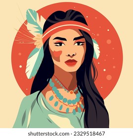 Vector social media avatar icon native american girl. Feathers in hair. Indian culture. Portrait of a young woman. Flat graphic illustration