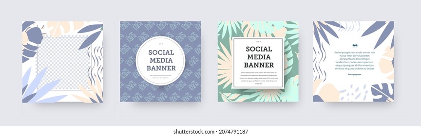 Vector social media banner template with palms, monster, abstract pattern, set of posts in purple, nude, green. Layout of flyers, covers with creative tropical, exotic illustration. Business concept