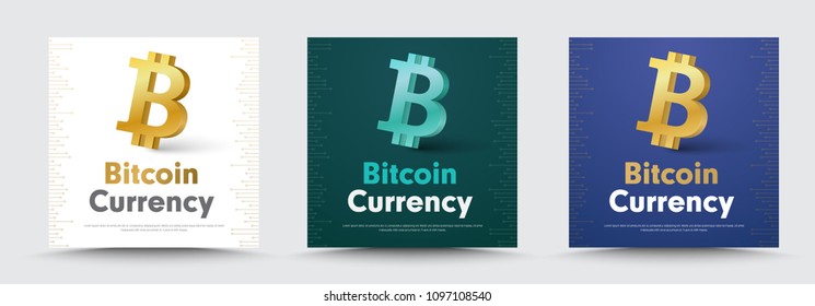 Vector social media banners with a 3d crypto currency  bitcoin icon. The design of the square templates is white, black and blue for the web. Set.