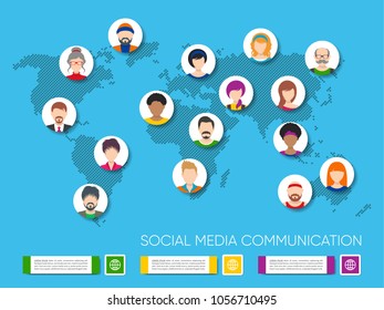 Vector social media communication world map people avatars