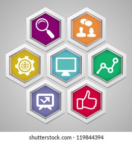 Vector social media concept - abstract illustration with hexagons and icons
