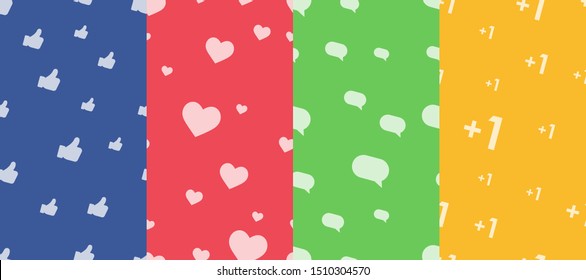 Vector social media elements seamless patterns collection. Set of colorful background swatches. Abstract textures with heart, thumb, chat plus one. Pink, yellow, blue, green color