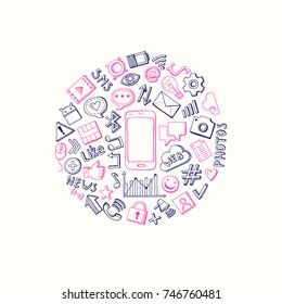 Vector social media hand drawn elements circle with smartphone in center illustration