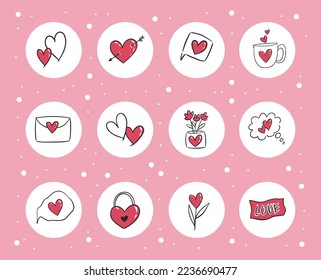 Vector social media highlight covers with hearts. Hand drawn icons set for Valentines day