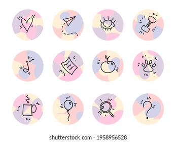 vector social media highlights with doodle lifestyle icons. Hand draw social media templates in soft colors. Icons with heart, balloon, lens, question, plane, apple, pet paw, cup, note, eye, gym,doc