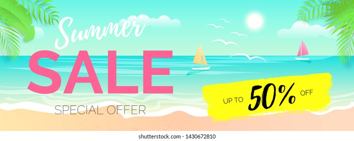 Vector social media horizontal template with text Summer Sale on the background with sunny sea beach landscape with tropical leaves. Web banner design. 