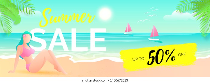 Vector social media horizontal template with text Summer Sale on the background with sunny sea beach landscape, girl in swimsuit and tropical leaves. Web banner design. 