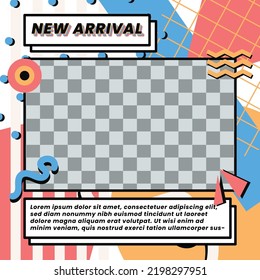 a vector social media Instagram  post design with the 80s 90s vintage theme and with Memphis pop art style, to promote your products on social media with square size