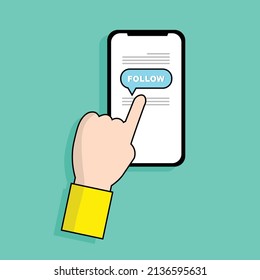 Diseño de iconos vectoriales de medios sociales y multimedia. Botón Smart Phone y Follow en pantalla. Mano humana haciendo clic en el botón Seguir. Sitio Web de diseño plano aislado o Imprime conceptos.   
