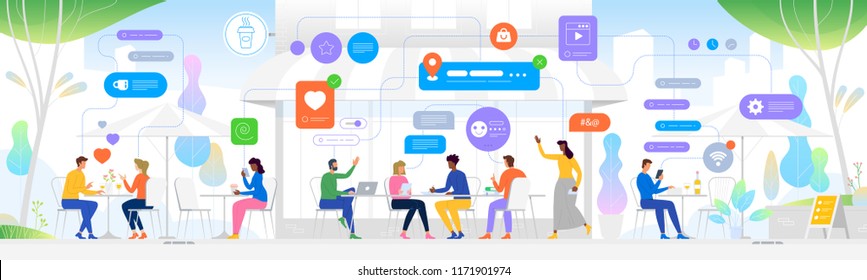 Vector Social Media Networking Concept. Multiethnic business group using smart phone, tablet and laptop for working or playing social network and web site in modern cafe. Business and Technology 