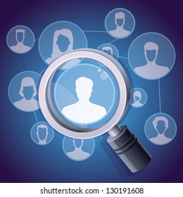 Vector social media networking concept - magnifying glass and people icon