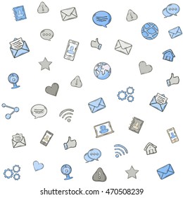Vector Social media pattern.Mobile apps icon hand draw in doodle style pattern over white