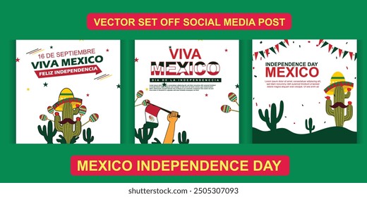 Vector Social media post collection square set on the independence day of Mexico with flag decorations and cactus plants