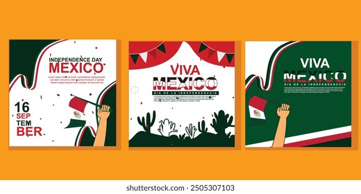 Vector Social media post collection square set on the independence day of Mexico with flag decorations and cactus plants